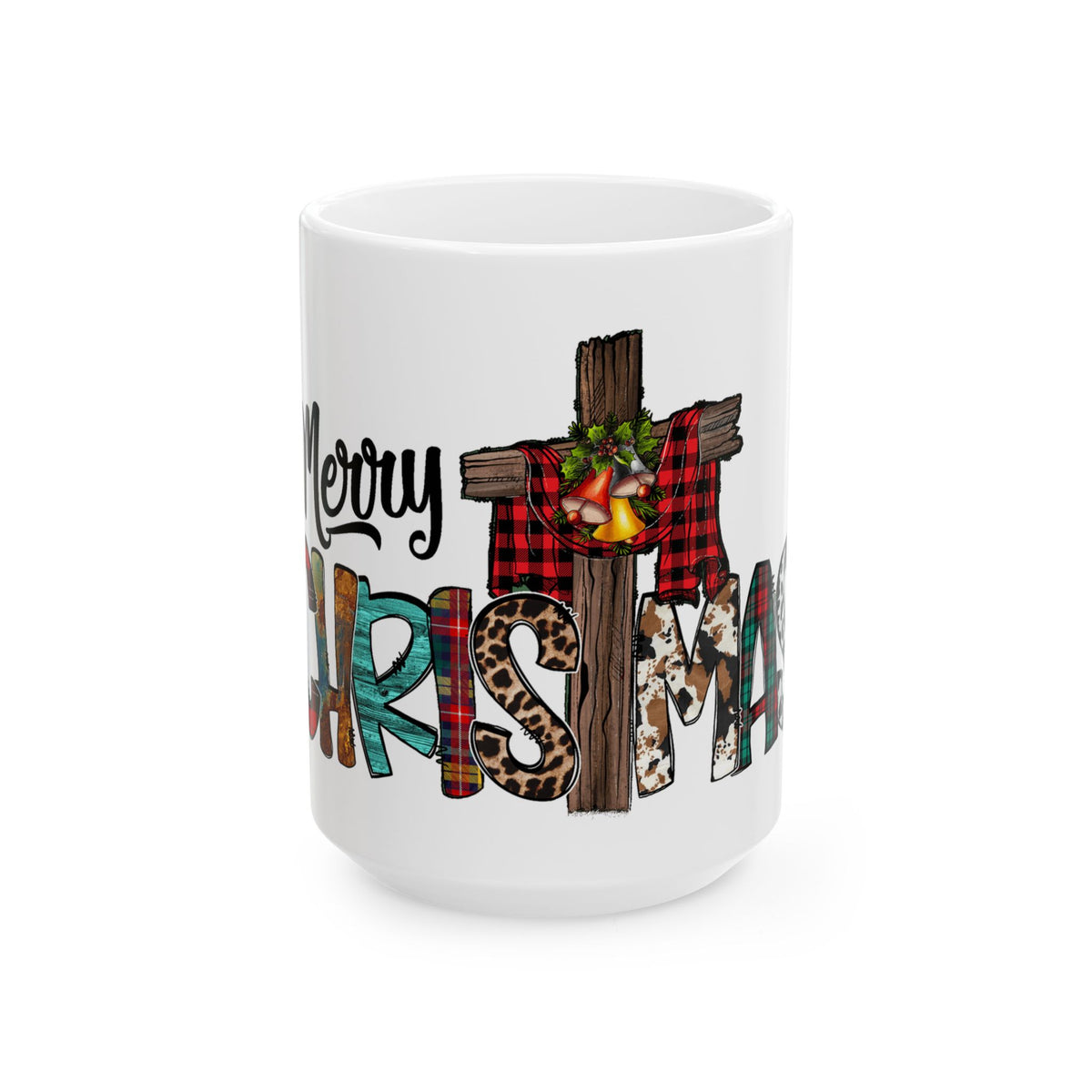 Merry Christmas Cross Plaid & Leopard Ceramic Mug (11oz/15oz)